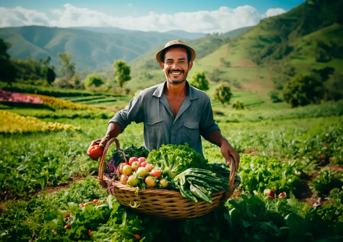Agricultor segurando um cesto de alimentos orgânicos